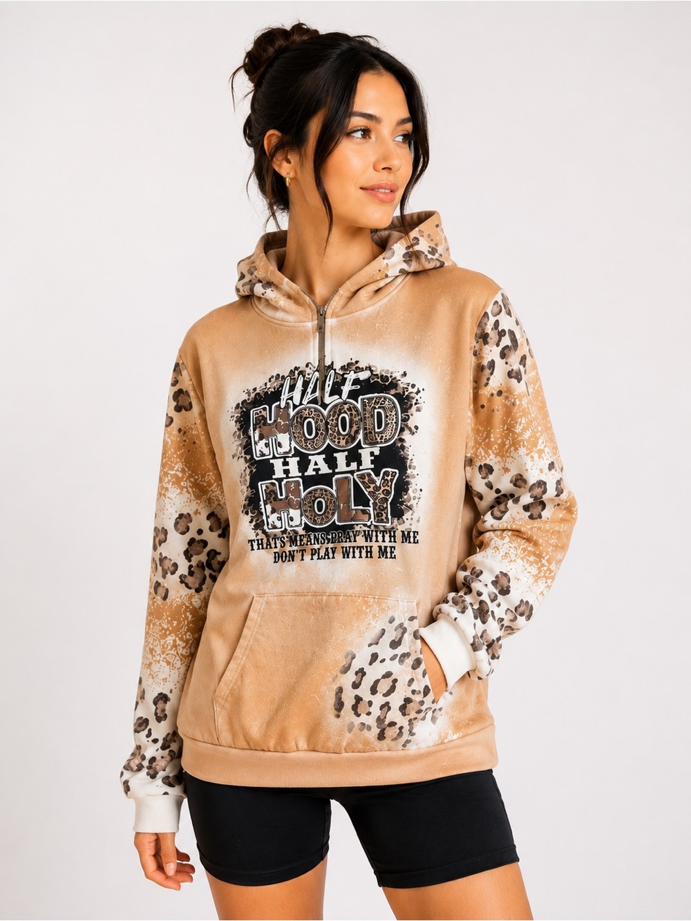 Half Mood Half Holy Graphic Hoodie - Tan Leopard Print
